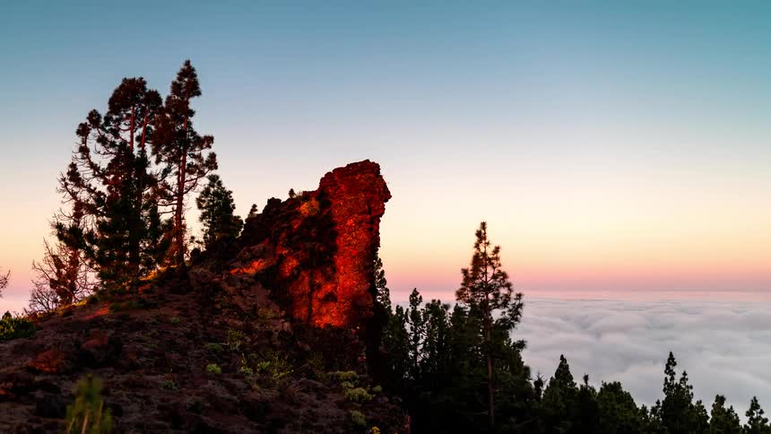 Red sunlight from rising sun tints promontory overlooking forest and low lying clouds
