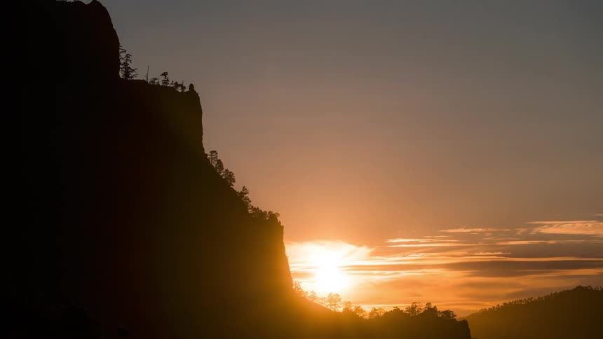 Silhouette of mountains and the sun setting on the horizon