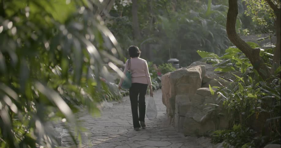 Woman walking a cobblestone trail carrying her bags
