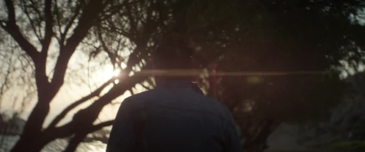 Man walking in woods towards the water at sunrise