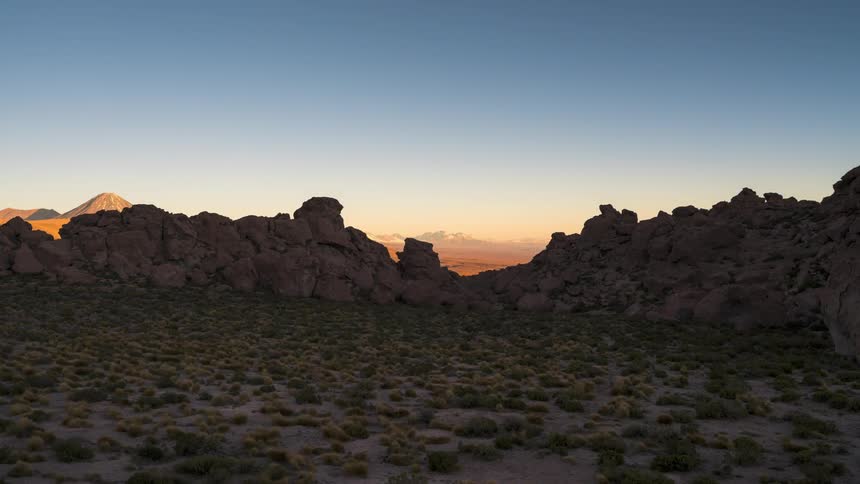 Natural landscape at dusk with undergrowth and rocky terrain under golden light turning purple tones
