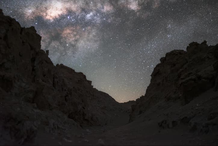 Rocky mountains against a sky with the sun setting and a starry sky emerging with the milky way and then the dawn of the day arrives