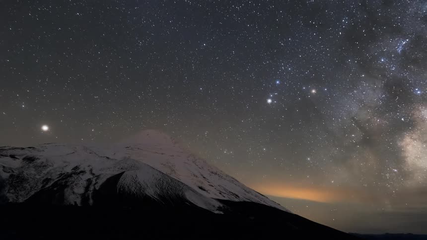 Scenery of a mountain with a snowy peak and a sky with a bright milky way