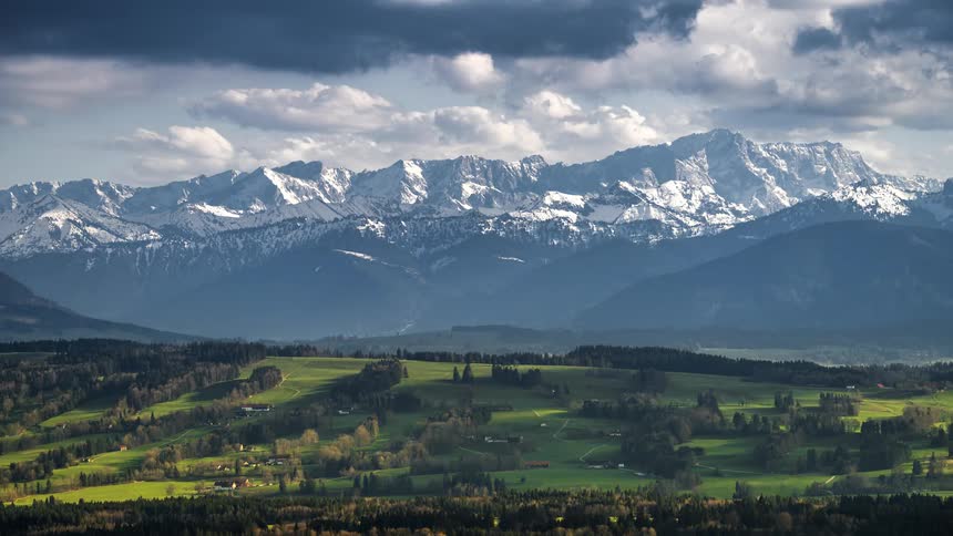 Natural landscape of a green field with trees and snowy mountains in the background