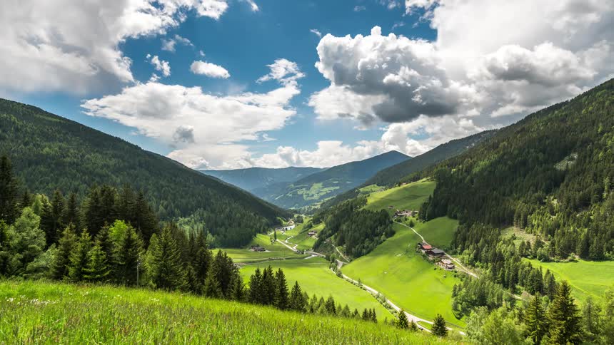Mountainous valley with conifers and partly cloudy sky