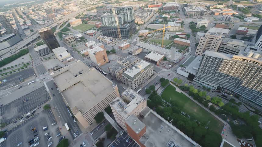 FPV drone view of parts of downtown Dallas, Texas