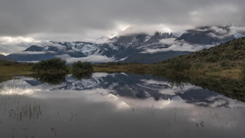 Lake reflecting the surrounding snowy mountains and a cloudy sky