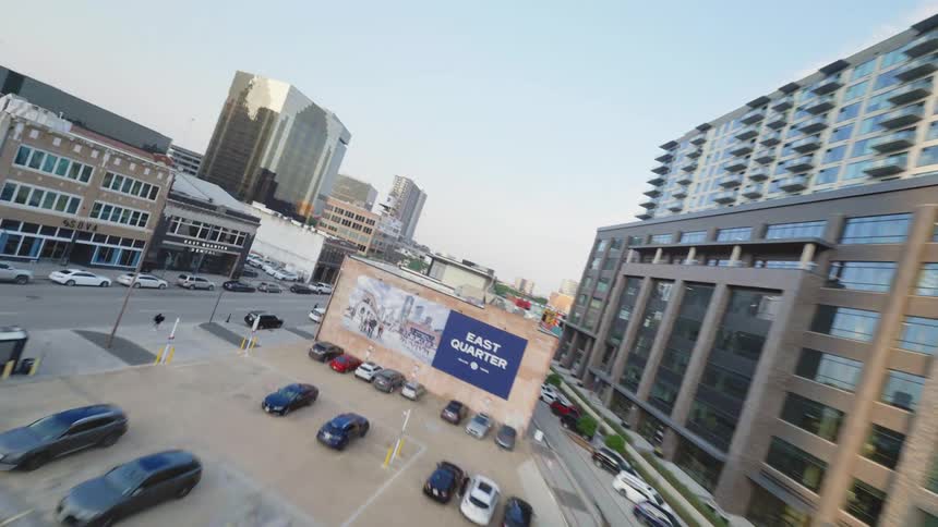 Aerial view of urban Dallas with lowrise buildings and skyscrapers