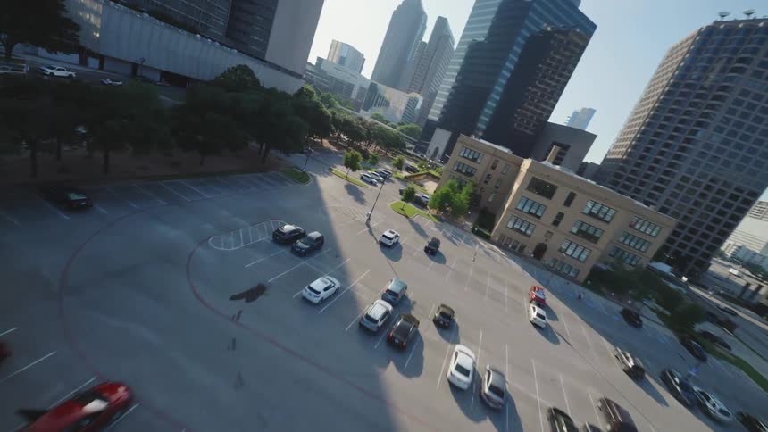 Low zoom FPV flight of downtown Dallas city streets