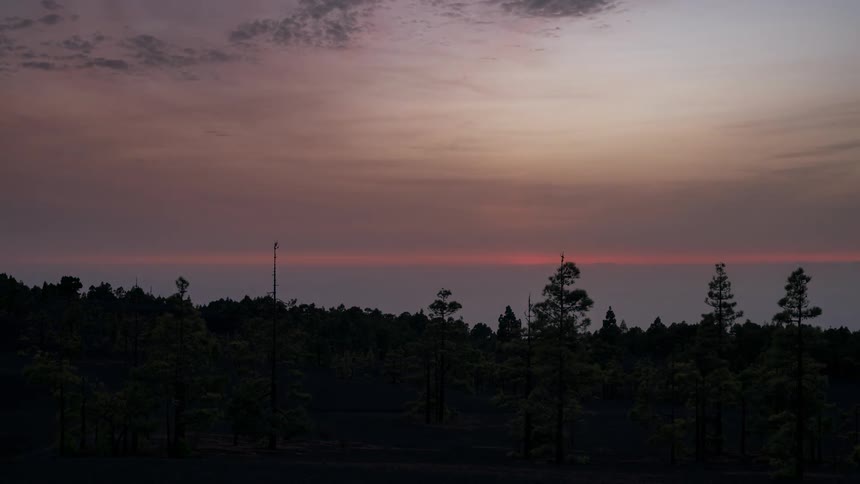 Sun is setting in the horizon of the forest and lake
