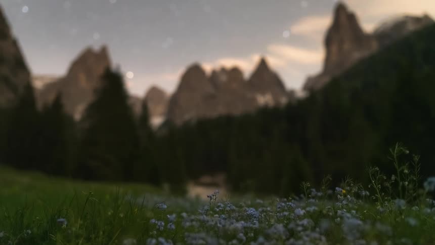 Vibrant field with green grass and blue flowers in the foreground contrasting with the majestic mountains in the background under a cloudy sky