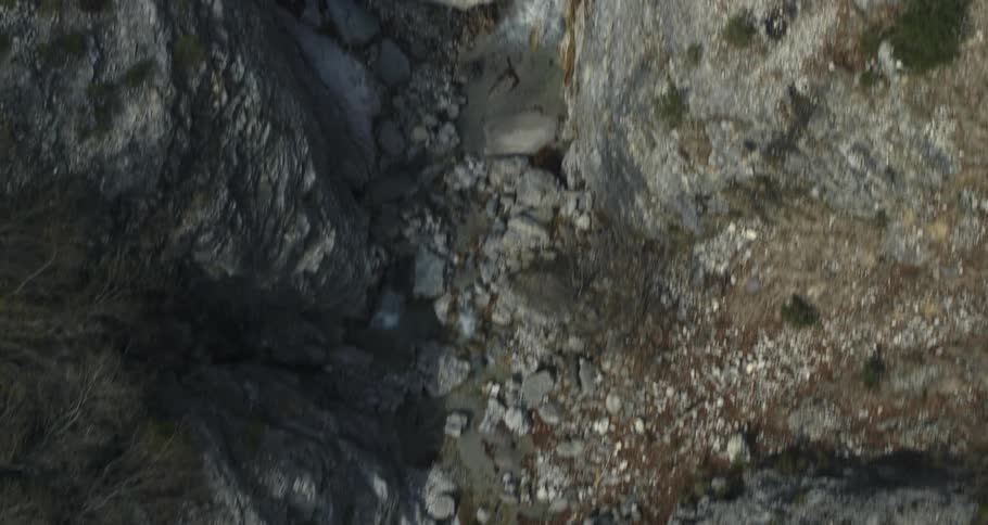 Aerial panorama of rocks with a waterfall