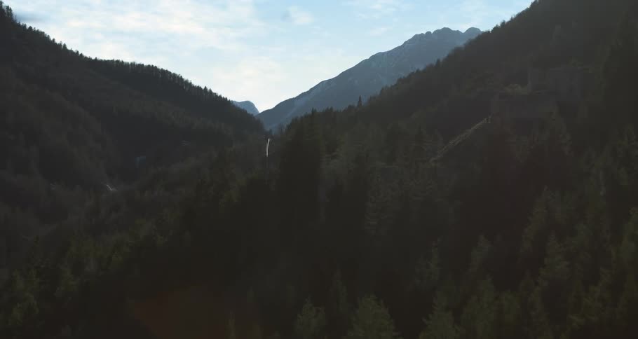 Landscape of forestcovered mountains with deep valleys under a clear sky
