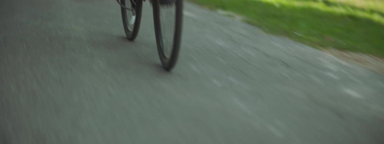 Woman rides her bicycle down a road through a park