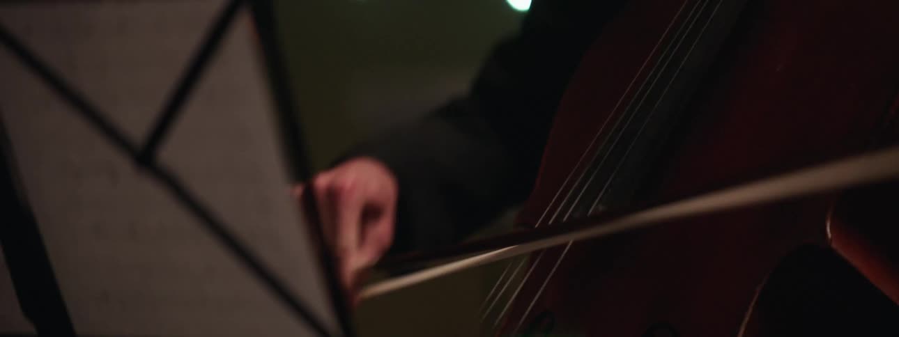 Musician swiftly moves bow across the strings of their double bass