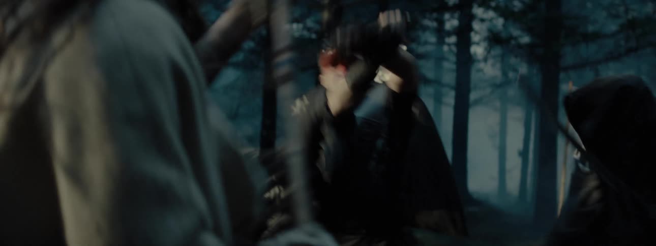 Group of people warring and fighting in a foggy forest