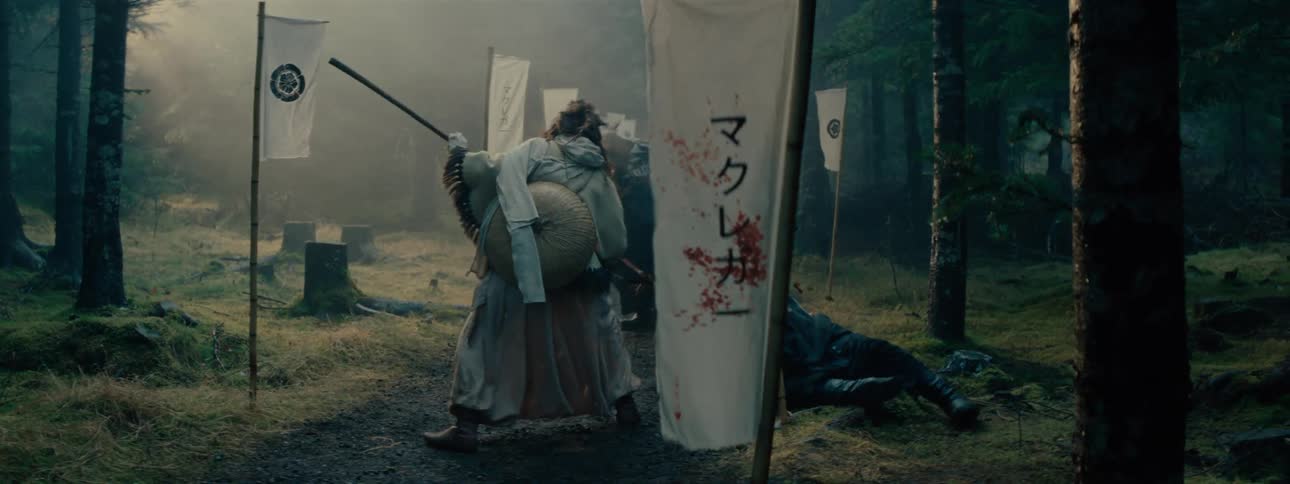 Historic period warrior stabs an opponent while fighting in the forest