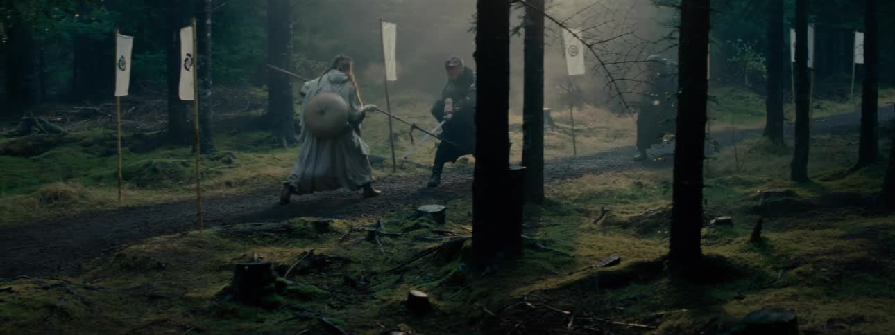 Two warriors with spears fighting in the forest