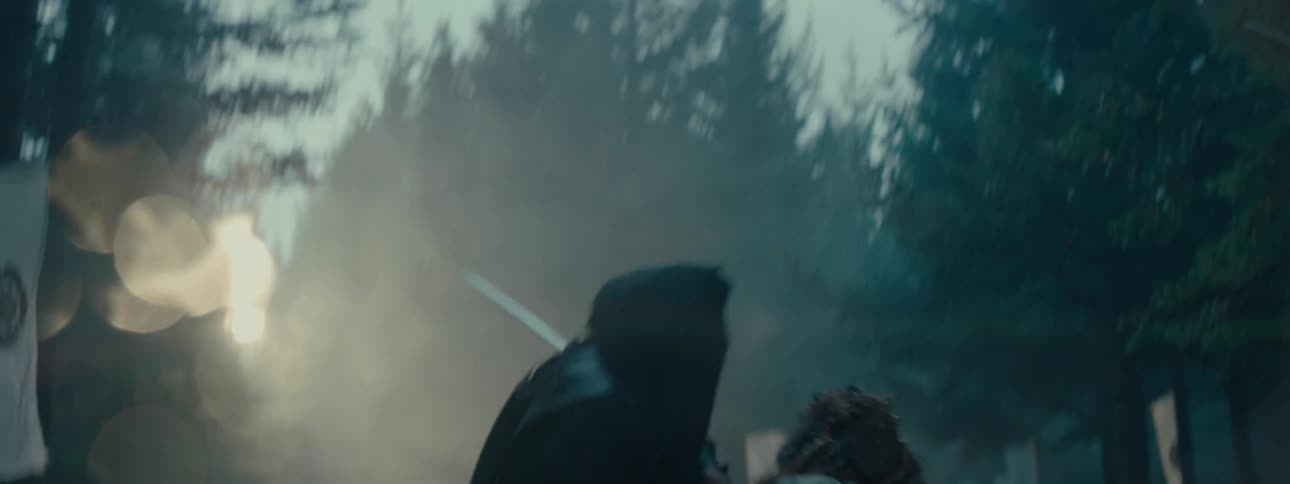 Two people in a forest dueling with swords