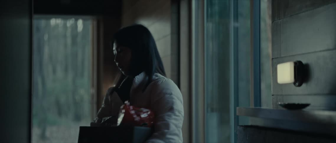 Woman with a box entering a house