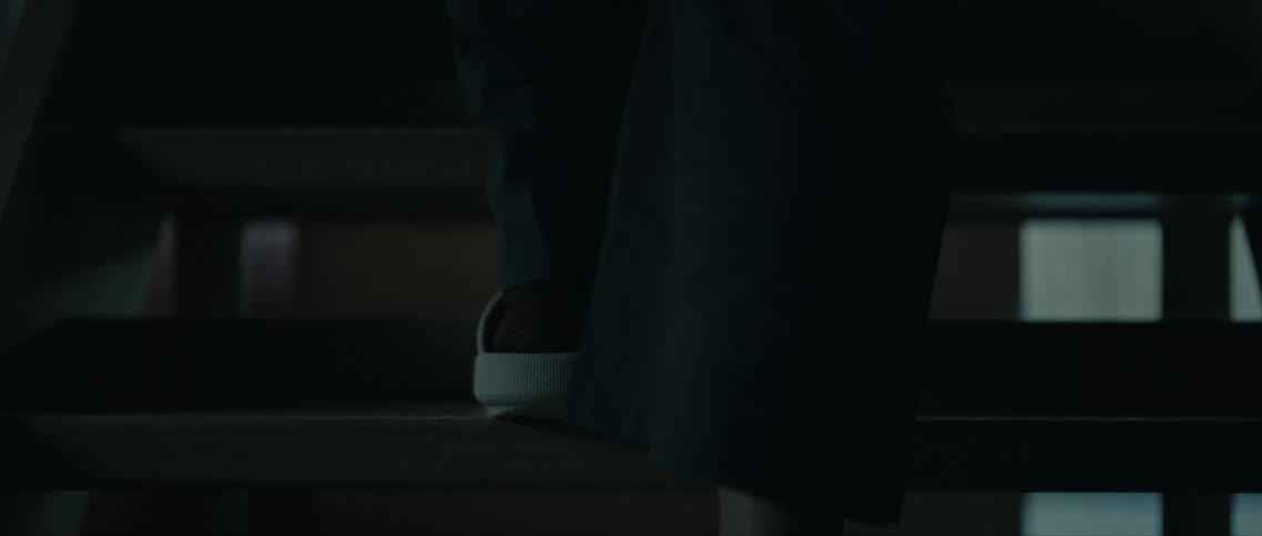 Person wearing socks and slippers climbs stairs