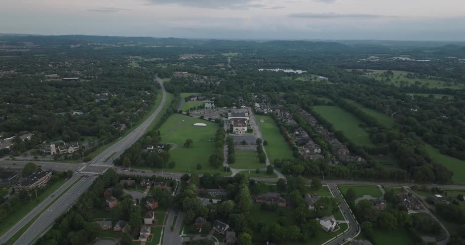 An aerial view of a suburban cityscape