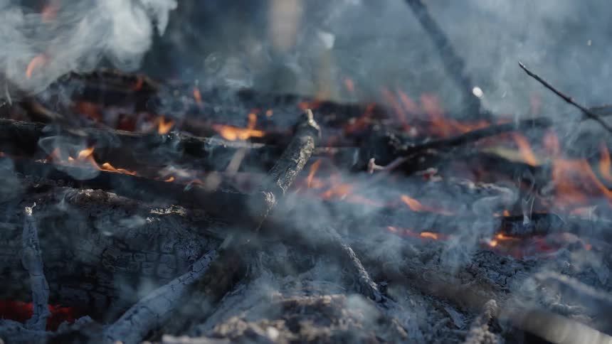 Close up of flames burning a pile of branches and twigs