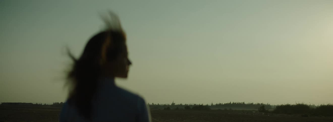 Silhouette of a woman in a field with her hair flying by the force of the wind