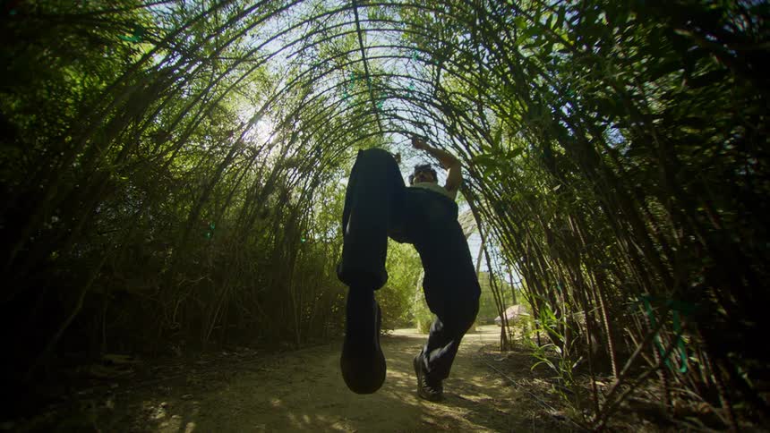 Man jumping and dancing in a natural tunnel formed by bamboo