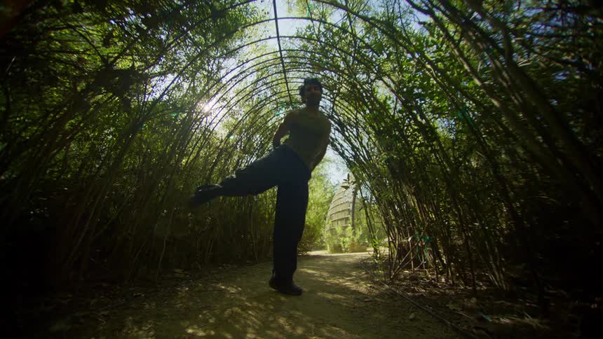 Man dancing in an arch of branches with trees around