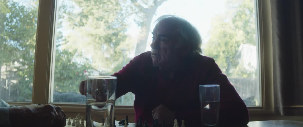 Elderly man and woman sitting at a table with a chess game talking