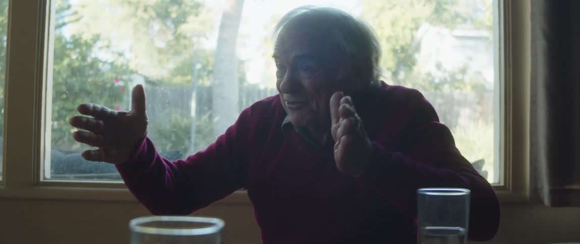 An elderly man talking to someone who is in front of him and he is making gestures with his hand