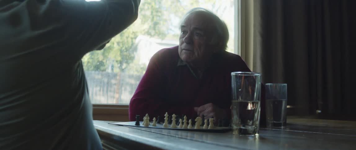 Two elderly men are at a table talking and arguing one of them is raising his arm and on the table there is a chessboard