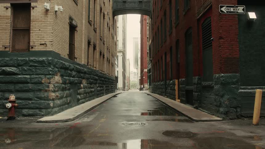 Alley between buildings with a wet city street