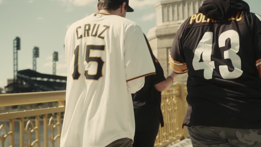 Friends wearing football jerseys walking across a bridge while eating pizza