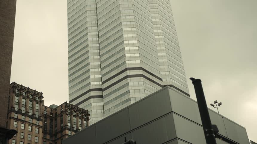 Bird flies in front of a skyscraper towering over smaller buildings in a city