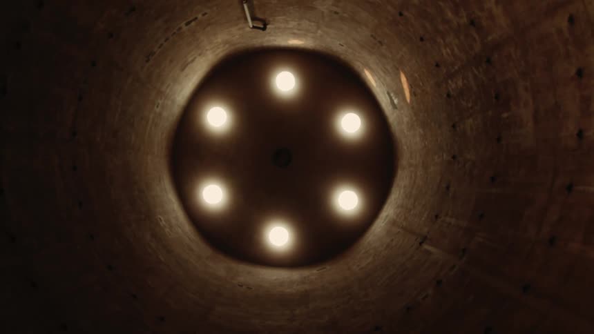 Looking at the ceiling of a silo with six round lights