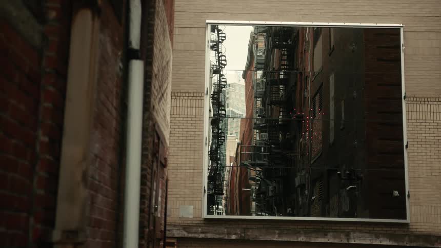 Digital screen on a wall that reflects surrounding urban buildings