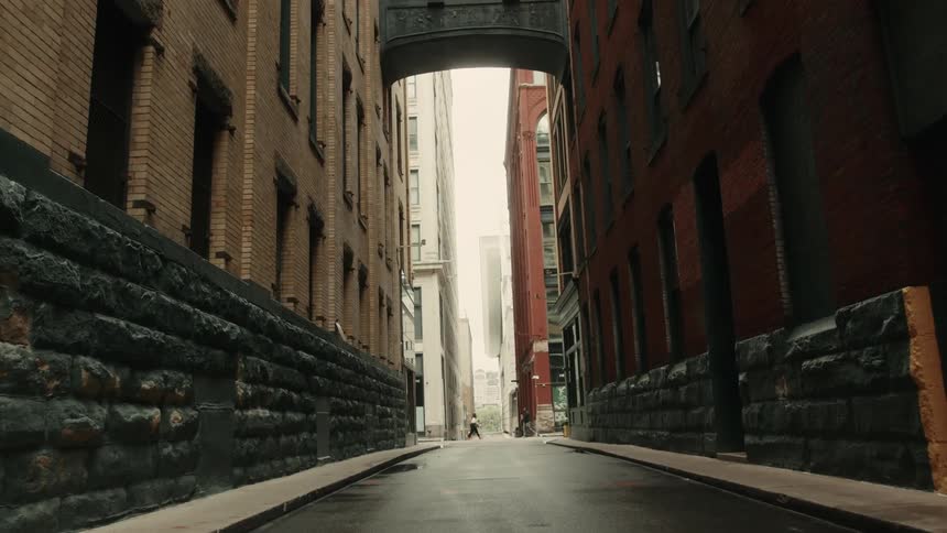Alley with large buildings around a metropolis
