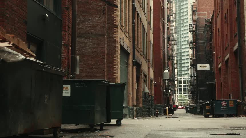 A pedestrian walks past an alley in a city filled with garbage bins