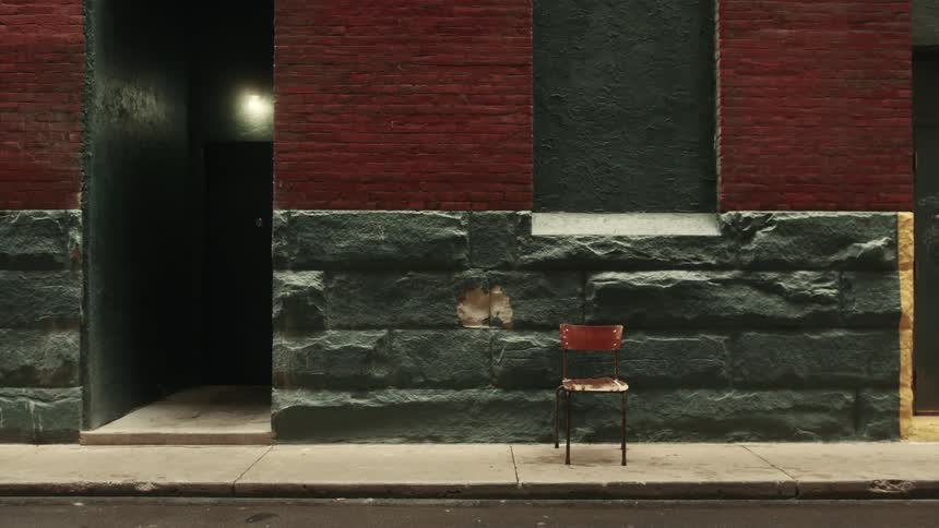 A red chair sitting in front of a building with pockmarked bricks