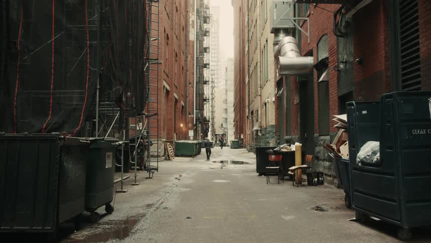 Narrow alley between tall buildings with several trash cans and some garbage bags scattered on the ground