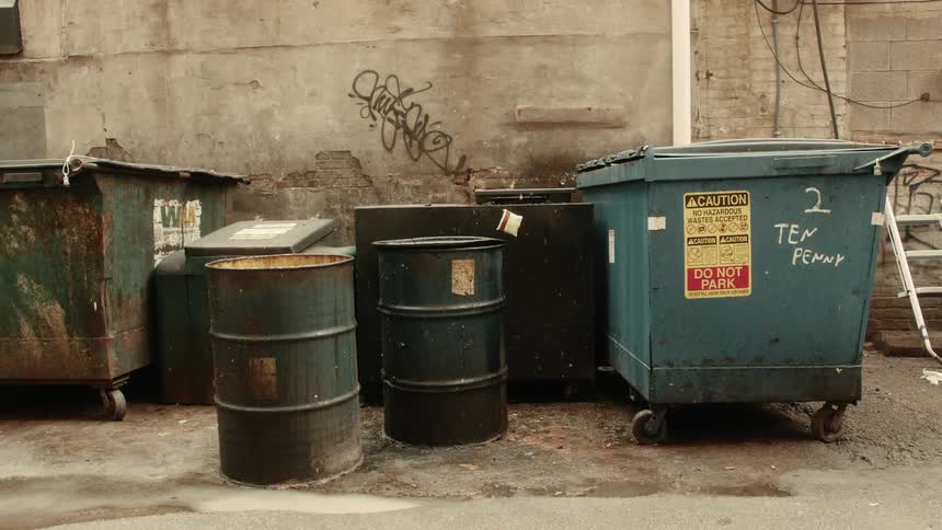 Dumpsters and trash barrels stand in alley near building wall marred by graffiti