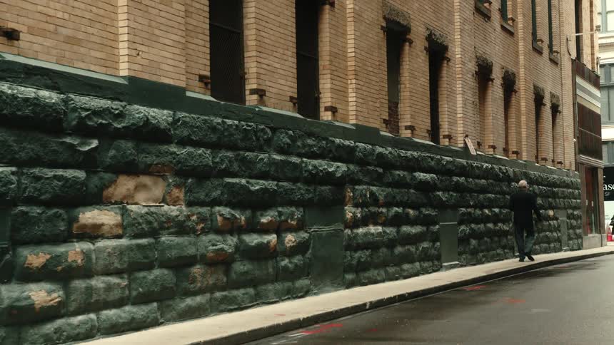 Man walking on the sidewalk next to a large building in a metropolis