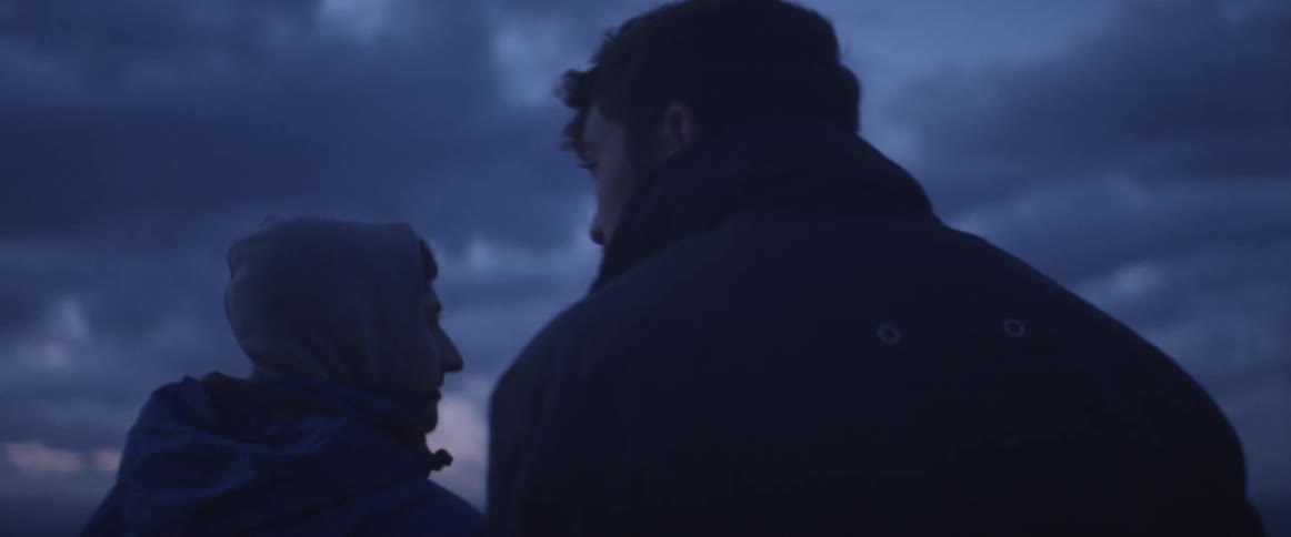 Two men walk in the wilderness at dusk