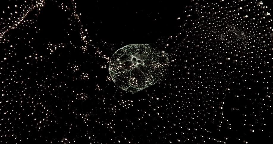 A translucent intricately patterned sphere surrounded by numerous small white dots against a black background