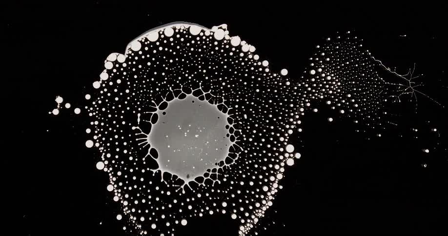 Abstract microscopic view of a water droplet drying and generating abstract patterns against a black background