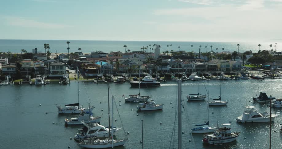 Aerial panorama of boats and yachts in a sea canal