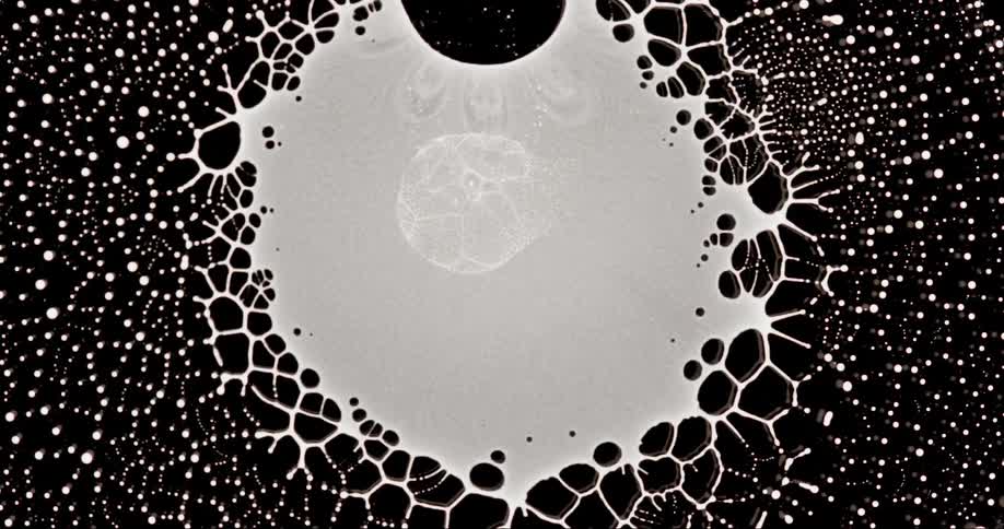 Abstract microscopic view of a droplet of liquid drying and generating abstract patterns against a black background