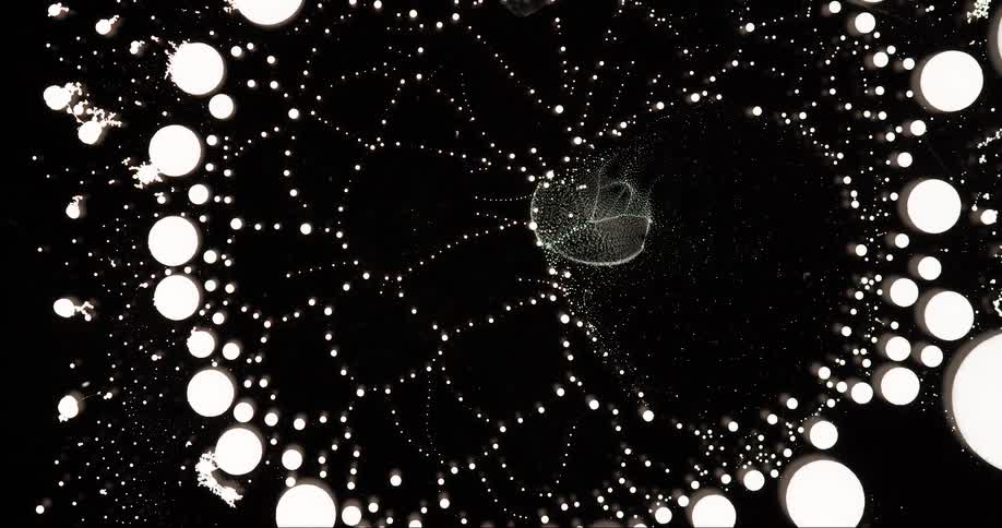 A large white spot on a black background dissolves and several other white balls are being pulled into the center